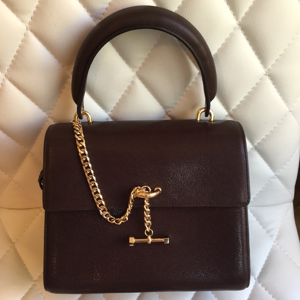 Elegant Dark Brown Top-Handle Satchel with Gold Chain Accent